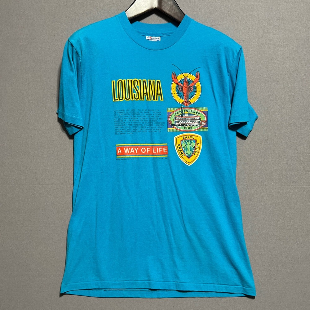 Vintage 1989 Hanes Louisiana T-Shirt Blue Single Stitch Bayou Souvenir Large